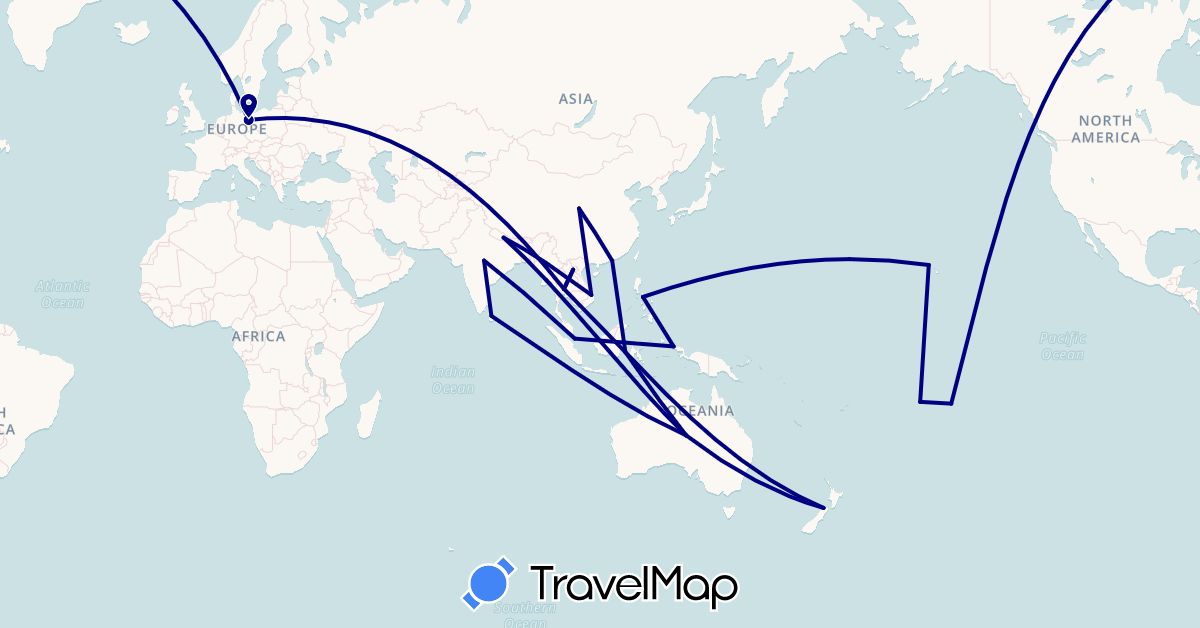 TravelMap itinerary: driving in Australia, Cook Islands, China, Germany, France, Indonesia, India, Laos, Sri Lanka, Myanmar (Burma), Nepal, New Zealand, Philippines, Singapore, Thailand, United States, Vietnam (Asia, Europe, North America, Oceania)